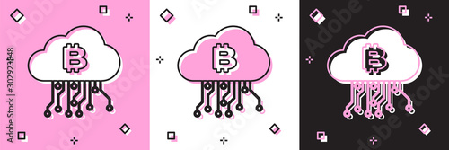 Set Cryptocurrency cloud mining icon isolated on pink and white, black background. Blockchain technology, bitcoin, digital money market, cryptocoin wallet. Vector Illustration