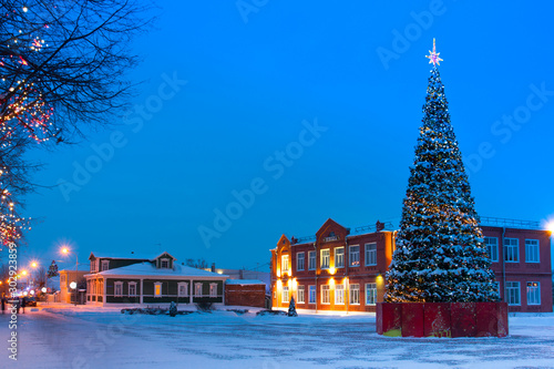 Kolomna, Moscow Region, Russia. Christmas Tree With Illumination Garlands On Cathedral Square Kolomna Kremlin.