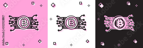 Set Cryptocurrency bitcoin in circle with microchip circuit icon isolated on pink and white, black background. Blockchain technology, digital money market. Vector Illustration