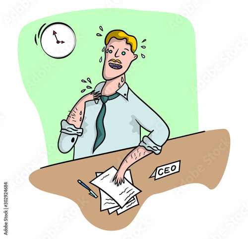 Cartoon illustration of a business CEO sitting at his desk sweating and looking at the wall clock.