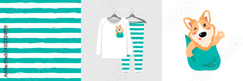 Seamless stripe pattern and illustration for kid with Corgi dog in pocket