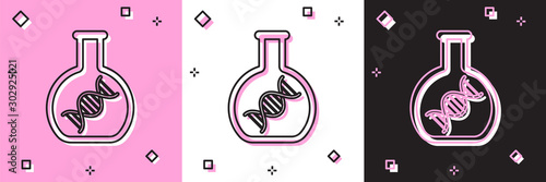 Set DNA research, search icon isolated on pink and white, black background. Genetic engineering, genetics testing, cloning, paternity testing. Vector Illustration