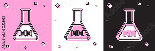 Set DNA research, search icon isolated on pink and white, black background. Genetic engineering, genetics testing, cloning, paternity testing. Vector Illustration