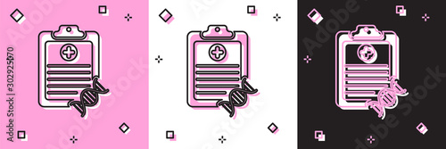 Set Clipboard with DNA analysis icon isolated on pink and white, black background. Genetic engineering, genetics testing, cloning, paternity testing. Vector Illustration