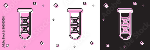Set DNA research, search icon isolated on pink and white, black background. Genetic engineering, genetics testing, cloning, paternity testing. Vector Illustration