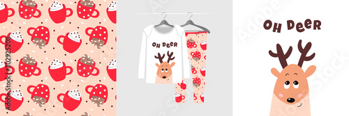 Seamless Christmas pattern and illustration for kid with fawn, text Oh deer