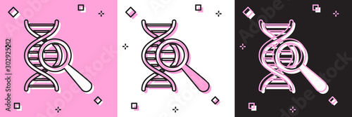Set DNA research, search icon isolated on pink and white, black background. Magnifying glass and dna chain. Genetic engineering, cloning, paternity testing. Vector Illustration