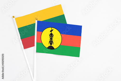 Free Download New Caledonia and Lithuania stick flags on white background. High quality fabric, miniature national flag. Peaceful global concept.White floor for copy space. - GFXLoad