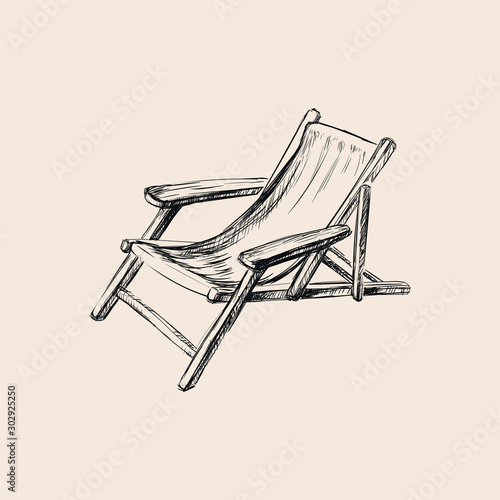 Wooden Collapsible Chaise Lounge for Rest. Hand Drawn Sketch Vector illustration