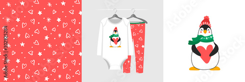 Seamless Christmas pattern and illustration for kid with penguin