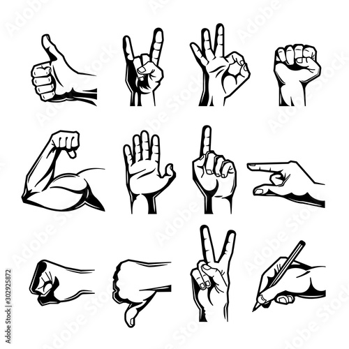Hand Wrist Gesture Black Engraving Icon Set