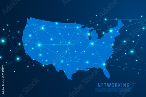 Network connection background, blue USA map, vector