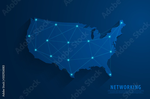 Network connection background, blue USA map, vector