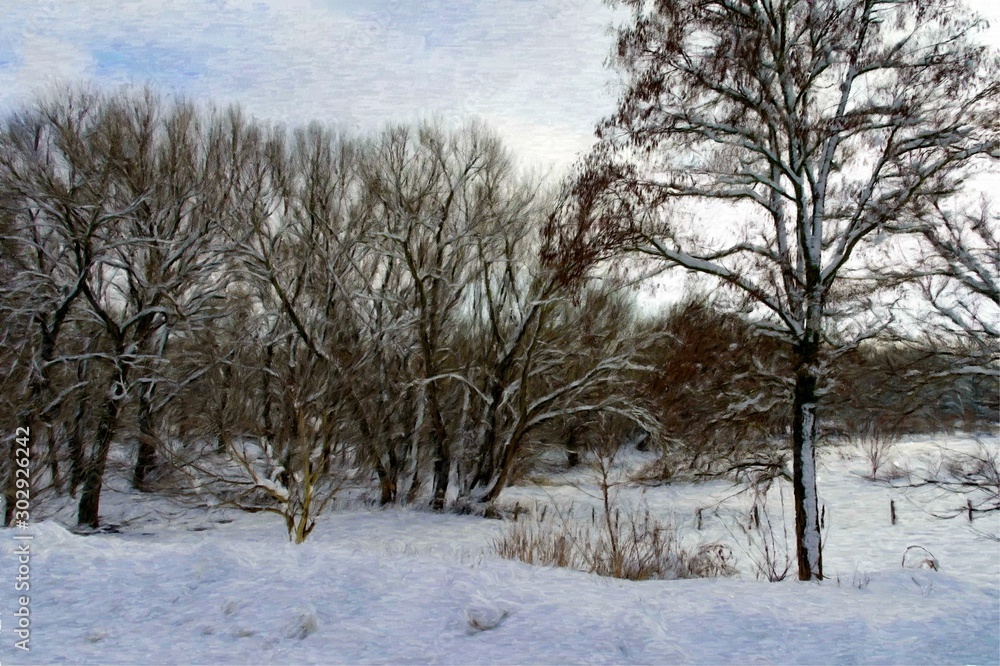 Oil paintings landscape, winter in forest. Fine art, trees in winter Oil paintings landscape, winter in forest. Fine art, trees in winter