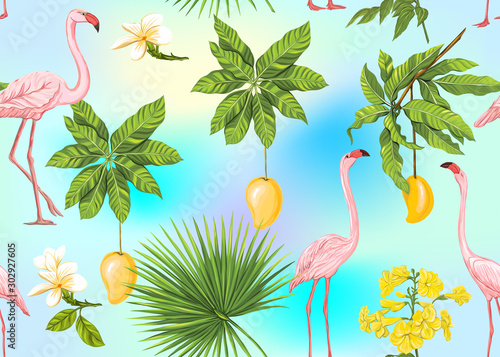 Seamless pattern, background with tropical plants, flowers and birds. Colored vector illustration. In light ultra violet pastel colors on mesh pink, blue background