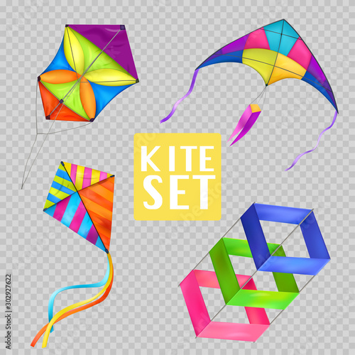 Realistic Kite Transparent Icon Set