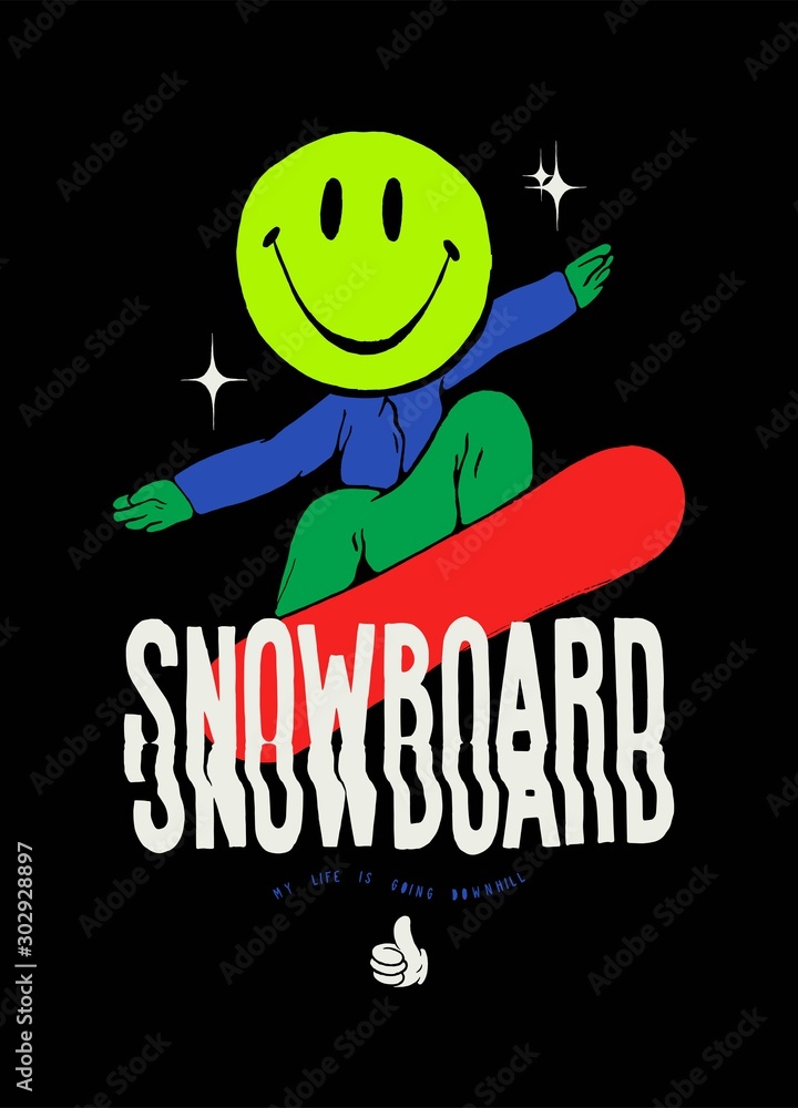 Snowboard t-shirt print with a colorful person on a snowboard with a smiley  face. vector de Stock | Adobe Stock