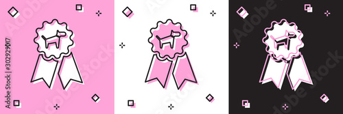 Set Dog award symbol icon isolated on pink and white, black background. Medal with dog footprint as pets exhibition winner concept. Vector Illustration