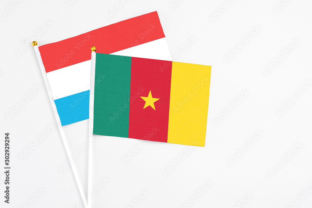 Cameroon and Luxembourg stick flags on white background. High quality fabric, miniature national flag. Peaceful global concept.White floor for copy space. Cameroon and Luxembourg stick flags on white background. High quality fabric, miniature national flag. Peaceful global concept.White floor for copy space.