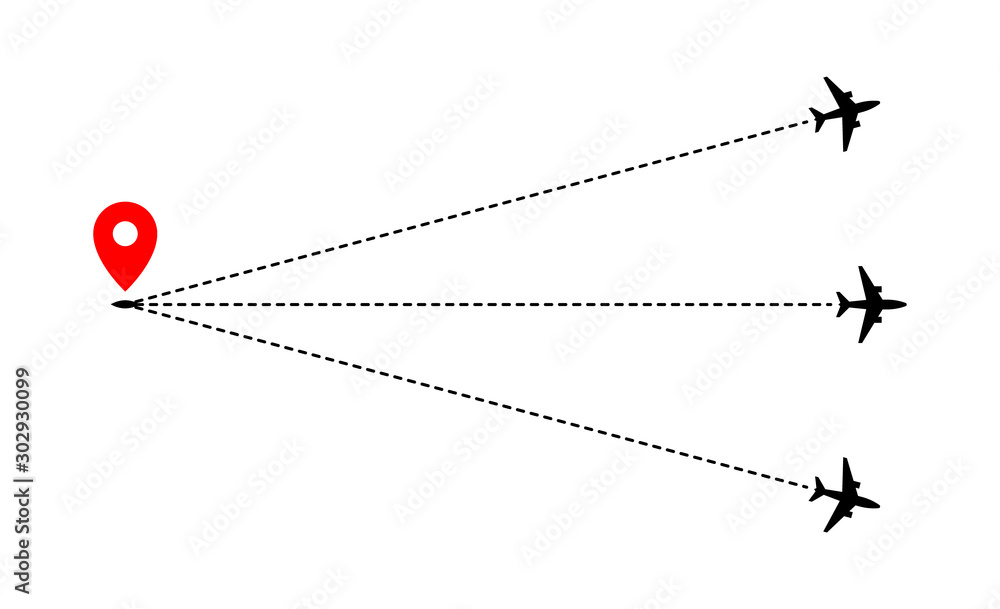 Airplane track to point with dashed line way on white background