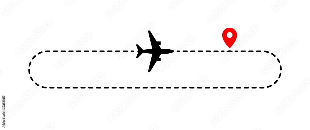 Airplane track to point with dashed line way on white background