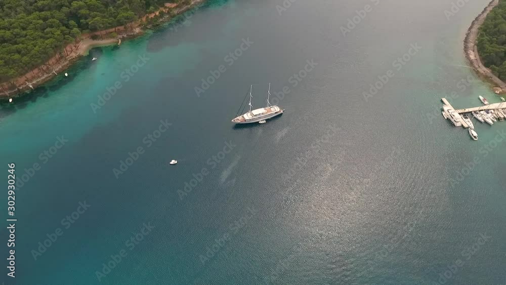 Aerial view of touristic sailing boat anchored at Adriatic sea, Croatia. Aerial view of touristic sailing boat anchored at Adriatic sea, Croatia.