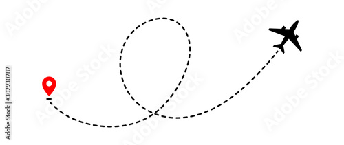 Airplane track to point with dashed line way on white background