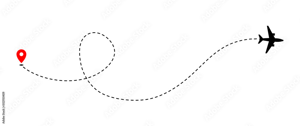 Airplane track to point with dashed line way on white background