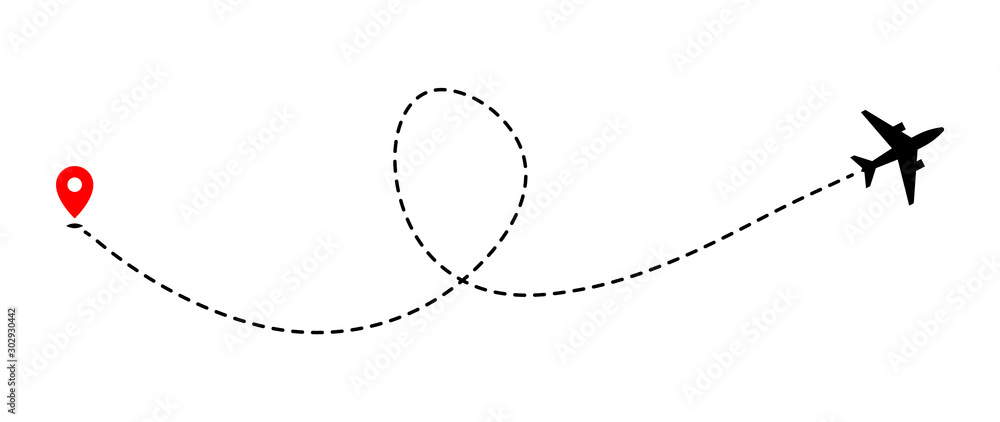 Airplane track to point with dashed line way on white background