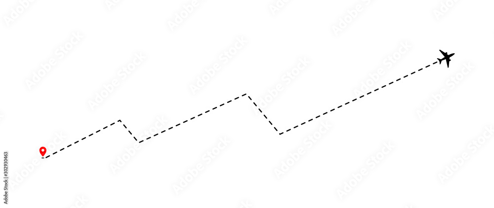 Airplane track to point with dashed line way on white background