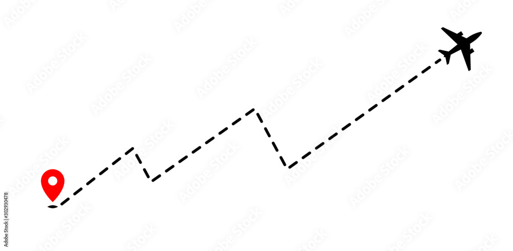 Airplane track to point with dashed line way on white background
