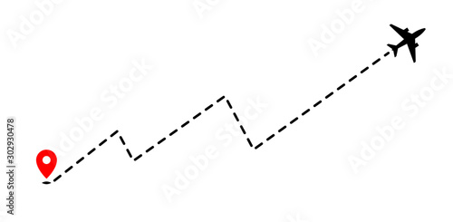 Airplane track to point with dashed line way on white background