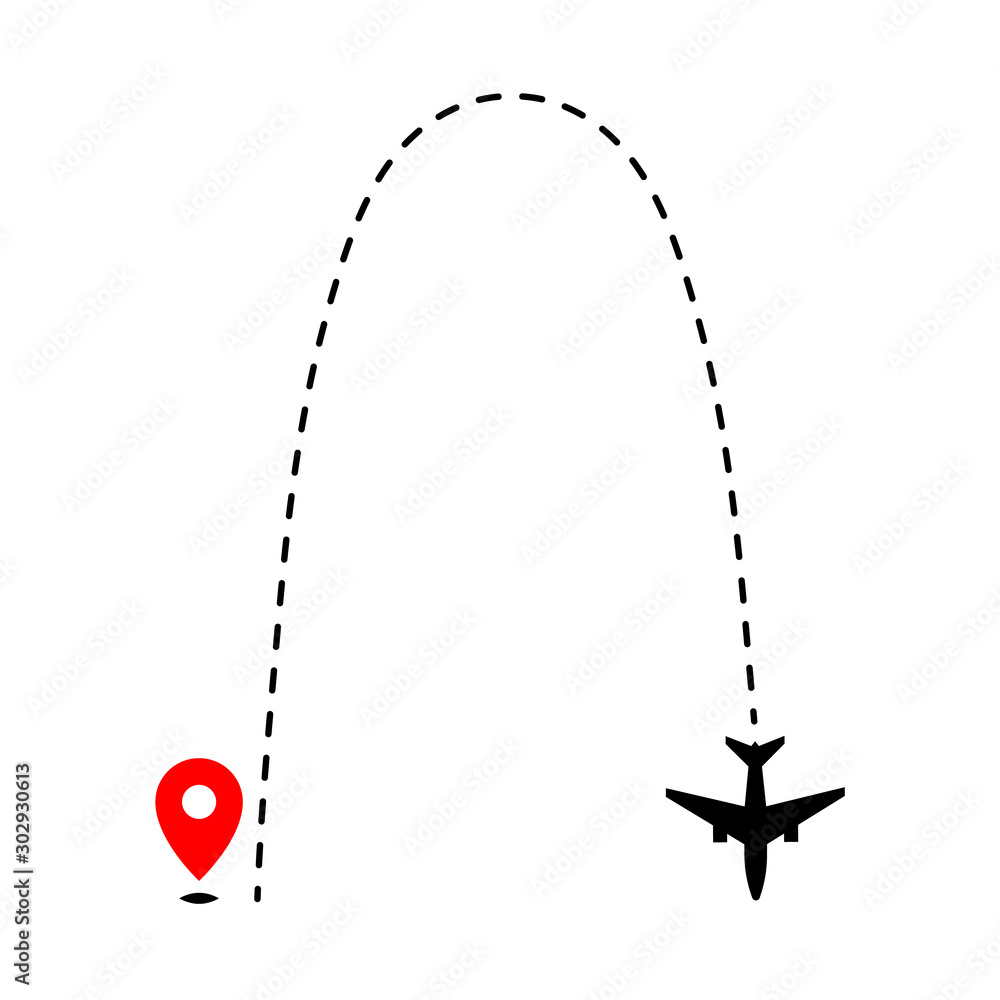 Airplane track to point with dashed line way on white background