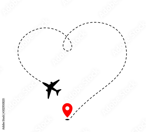 Airplane track to point with dashed line way on white background