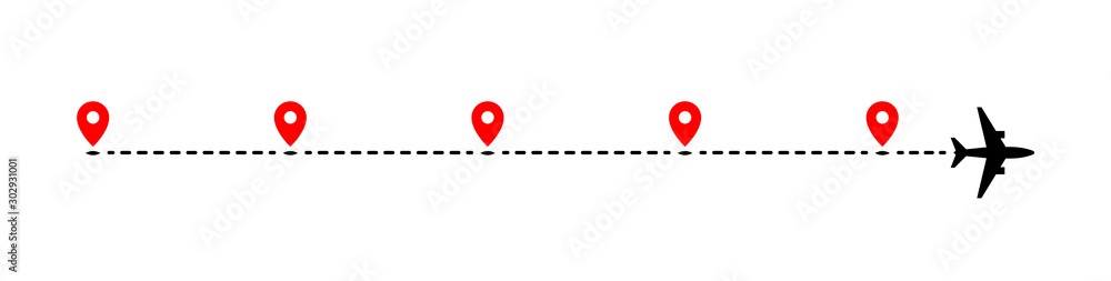 Airplane track to point with dashed line way on white background