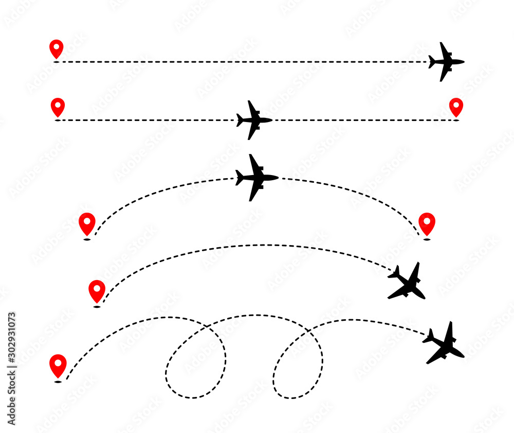 Airplane track to point with dashed line way on white background