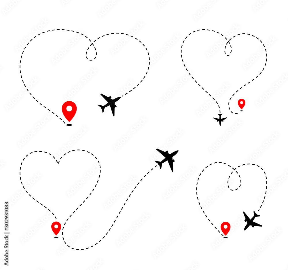 Airplane track to point with dashed line way on white background