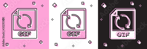 Set GIF file document. Download gif button icon isolated on pink and white, black background. GIF file symbol. Vector Illustration