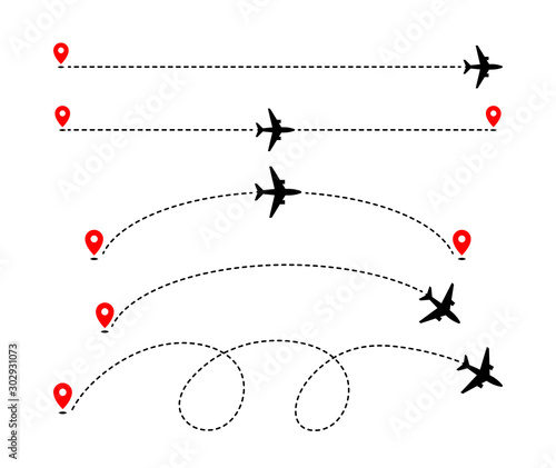 Obraz na płótnie Airplane track to point with dashed line way on white background w salonie