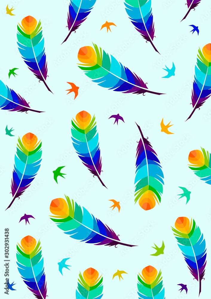Feather bird seamless pattern abstract background. Vintage card for fabric design. Colorful vector illustration wallpaper, paper design set collection bookmark cover
