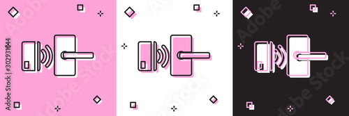 Set Digital door lock with wireless technology for unlock icon isolated on pink and white, black background. Door handle sign. Security smart home. Vector Illustration