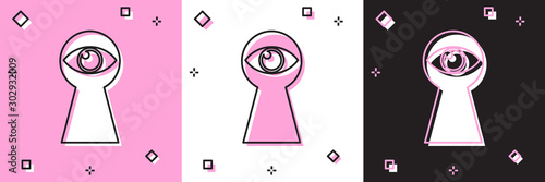 Set Keyhole with eye icon isolated on pink and white, black background. The eye looks into the keyhole. Keyhole eye hole. Vector Illustration