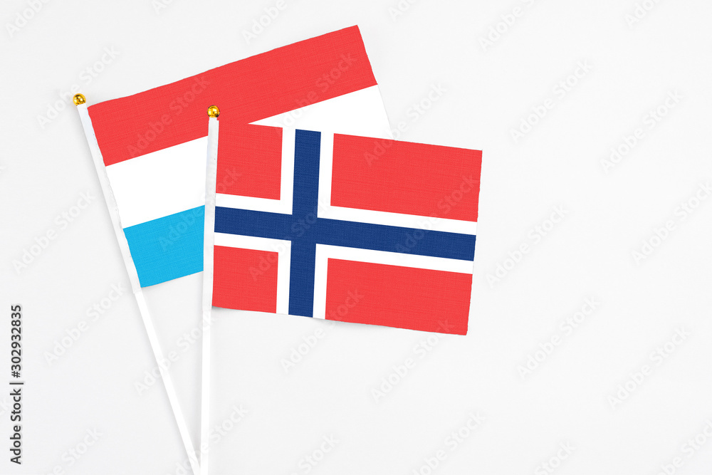 Norway and Luxembourg stick flags on white background. High quality fabric, miniature national flag. Peaceful global concept.White floor for copy space.