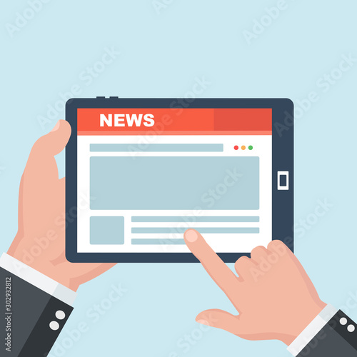 Businessman hand holding tablet to reading news on screen. Finger pointing on the screen. Online media business concept. Flat design vector illustration