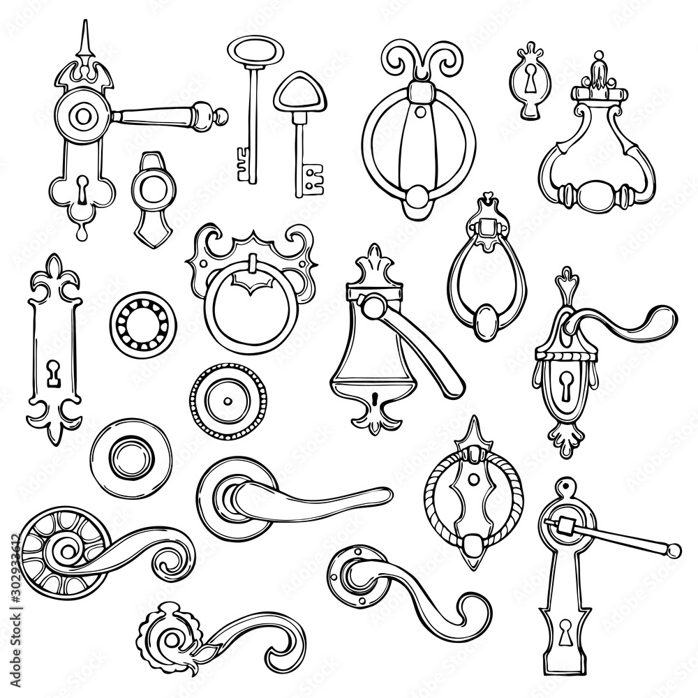 Hand drawn vintage door handles on white background.Vector sketch