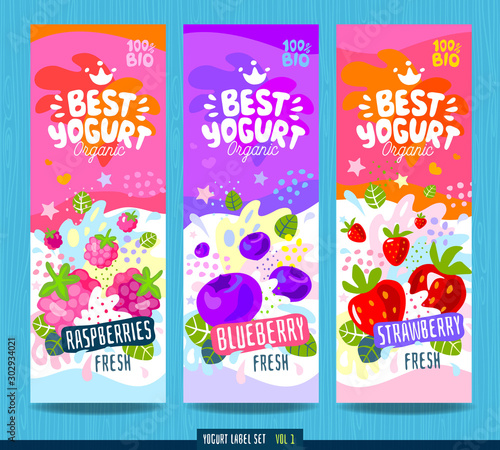 Abstract splash Food label template. Colorful brush stroke. Fruits, organic, yogurt, milk package design. Raspberries, strawberry, blueberry Drawing vector illustration