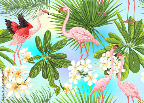 Seamless pattern, background with tropical plants, flowers and birds. Colored vector illustration. In light ultra violet pastel colors on mesh pink, blue background