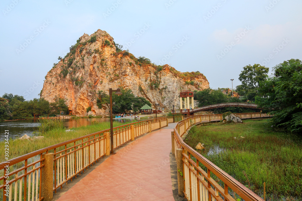 Ratchaburi,Thailand-November 1,2019:The Bridge is beautiful landmark in Khao Ngoo Rock Park at thailand