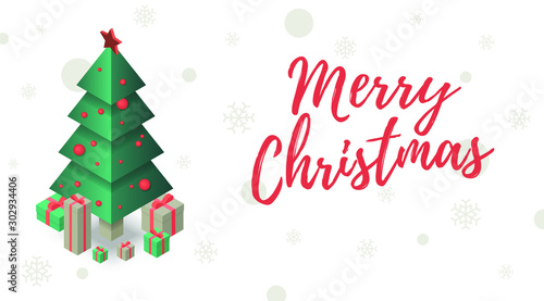 Modern vector Christmas Card or web banner with isometric christmas tree and gifts around it