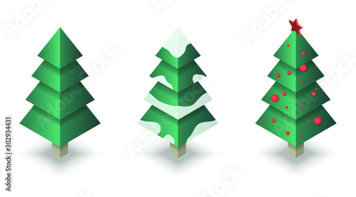 Isometric vector Christmas Tree in three variants - clear, with snow, decorated with baubles and a star on the top
